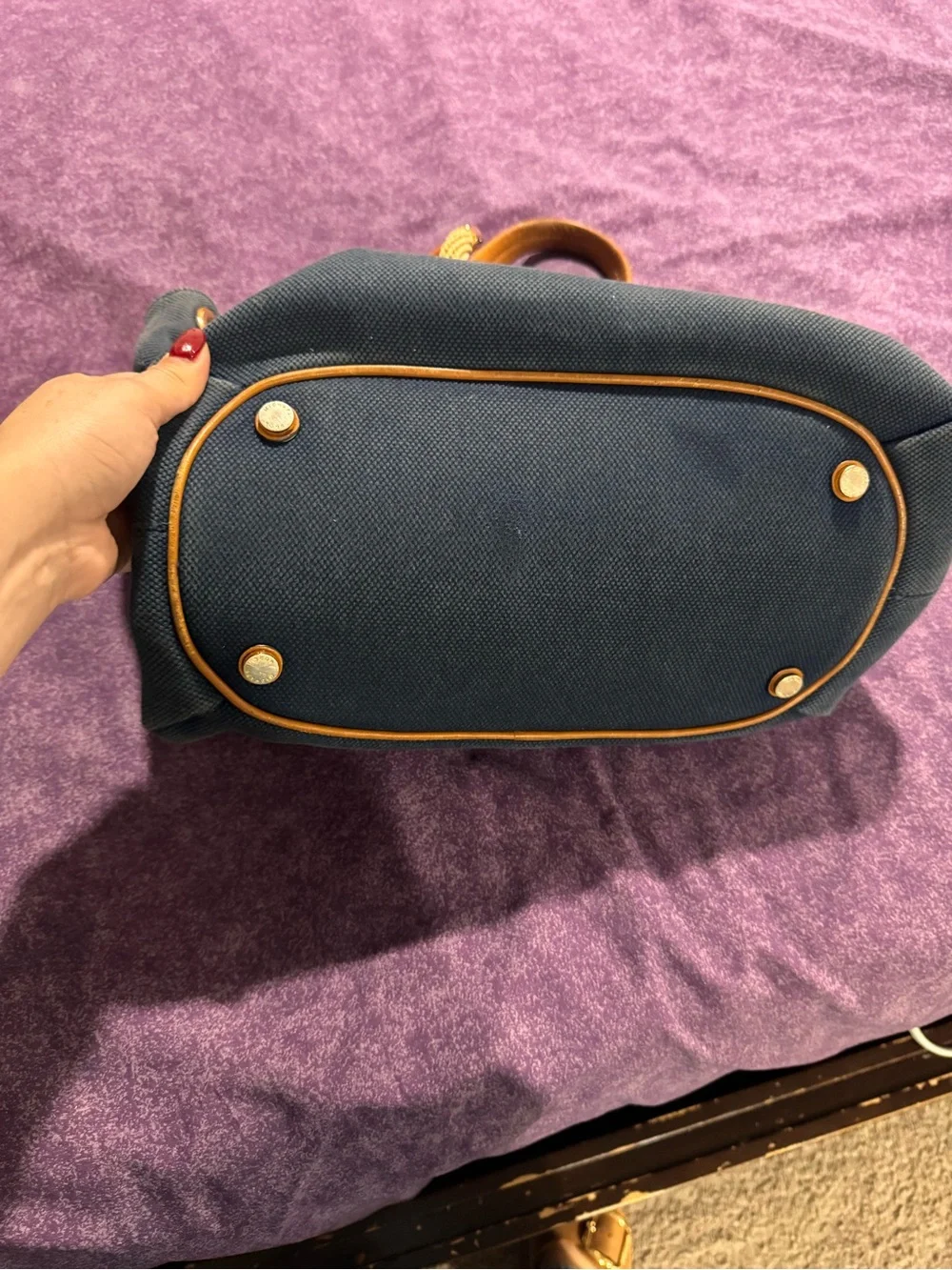 Michael Kors Navy Canvas Drawstring Shoulder Bag with Tan Leather Trim